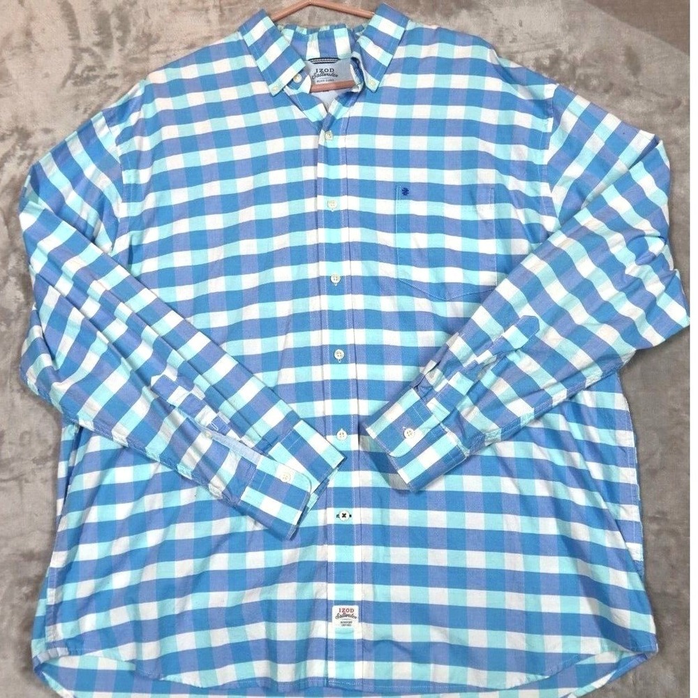 IZOD Saltwater Blue Checkered‎ Hiking Camping Shirt XXL 2XL